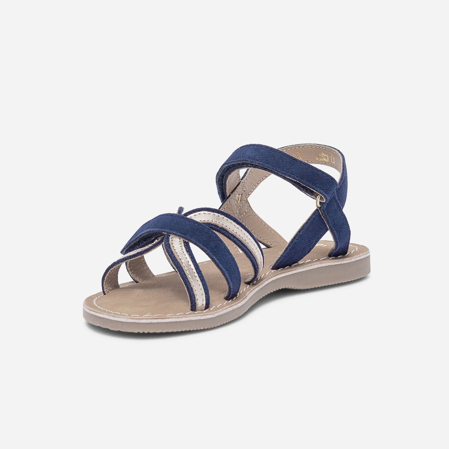 Sandale bleu marine et or en cuir velours