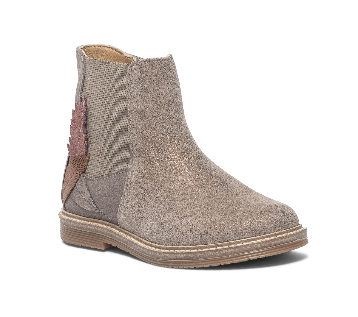 Chelsea boots taupe irisé en cuir velours avec plumes