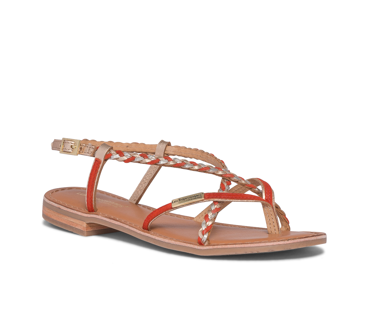 Sandale-tong LES TROPEZIENNES orange et or en cuir tressé