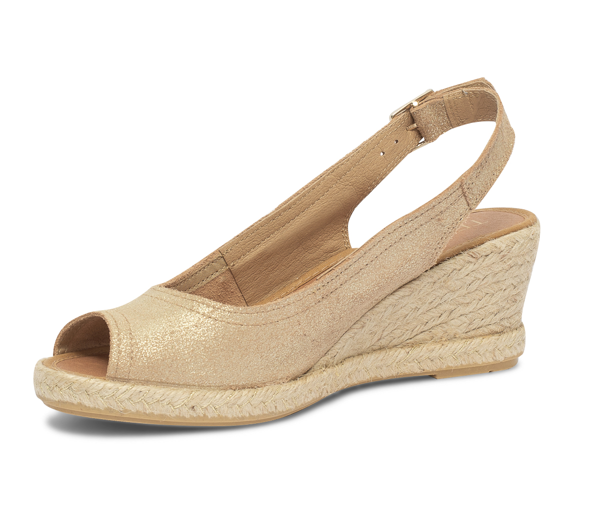 Sandale compensée or en cuir velours