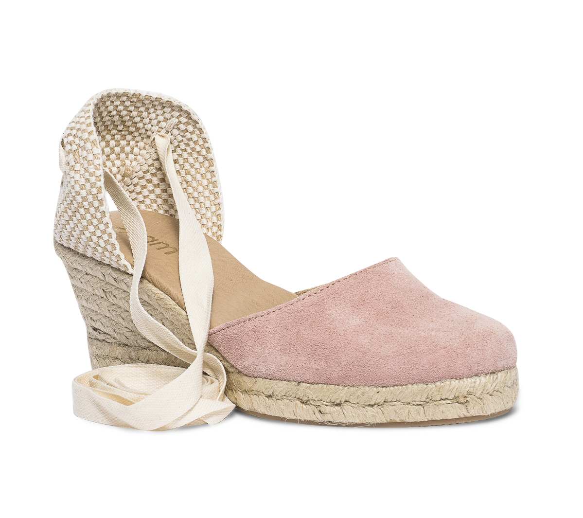 Espadrille compensée rose en cuir velours