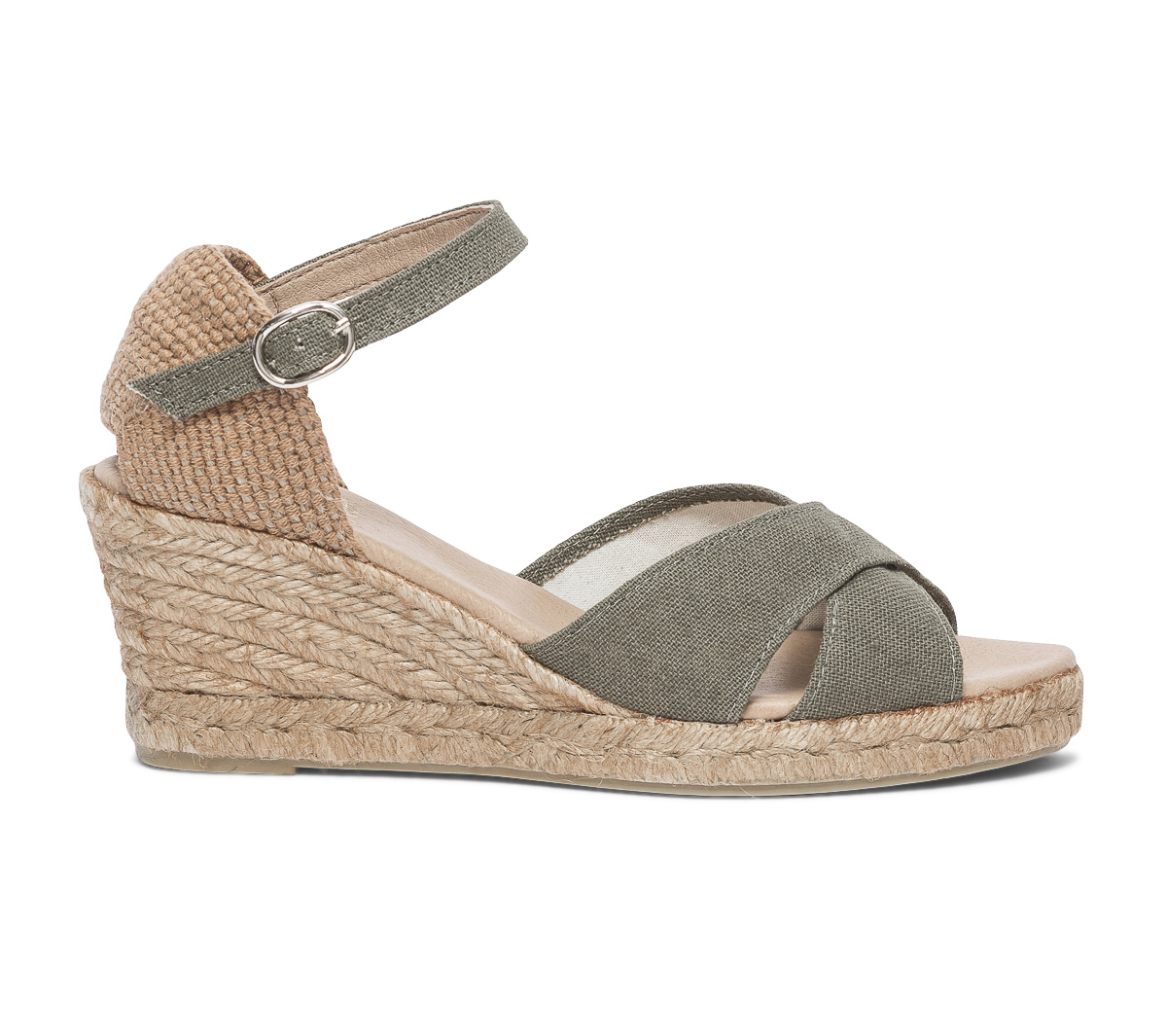 Sandale compensée kaki en toile de coton et chanvre