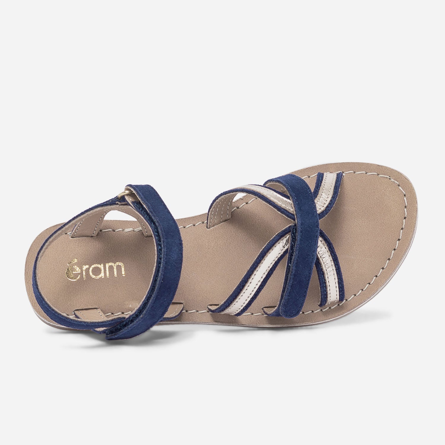 Sandale bleu marine et or en cuir velours