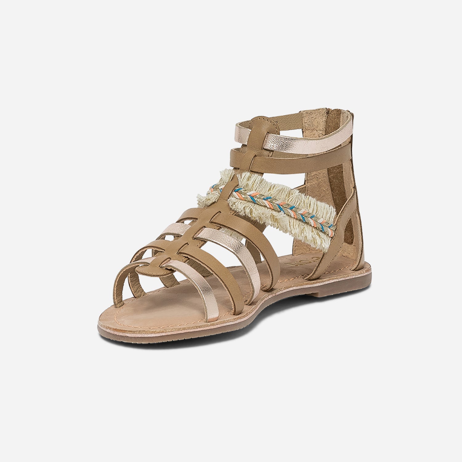 Sandale spartiate camel et doré en cuir avec galon frangé