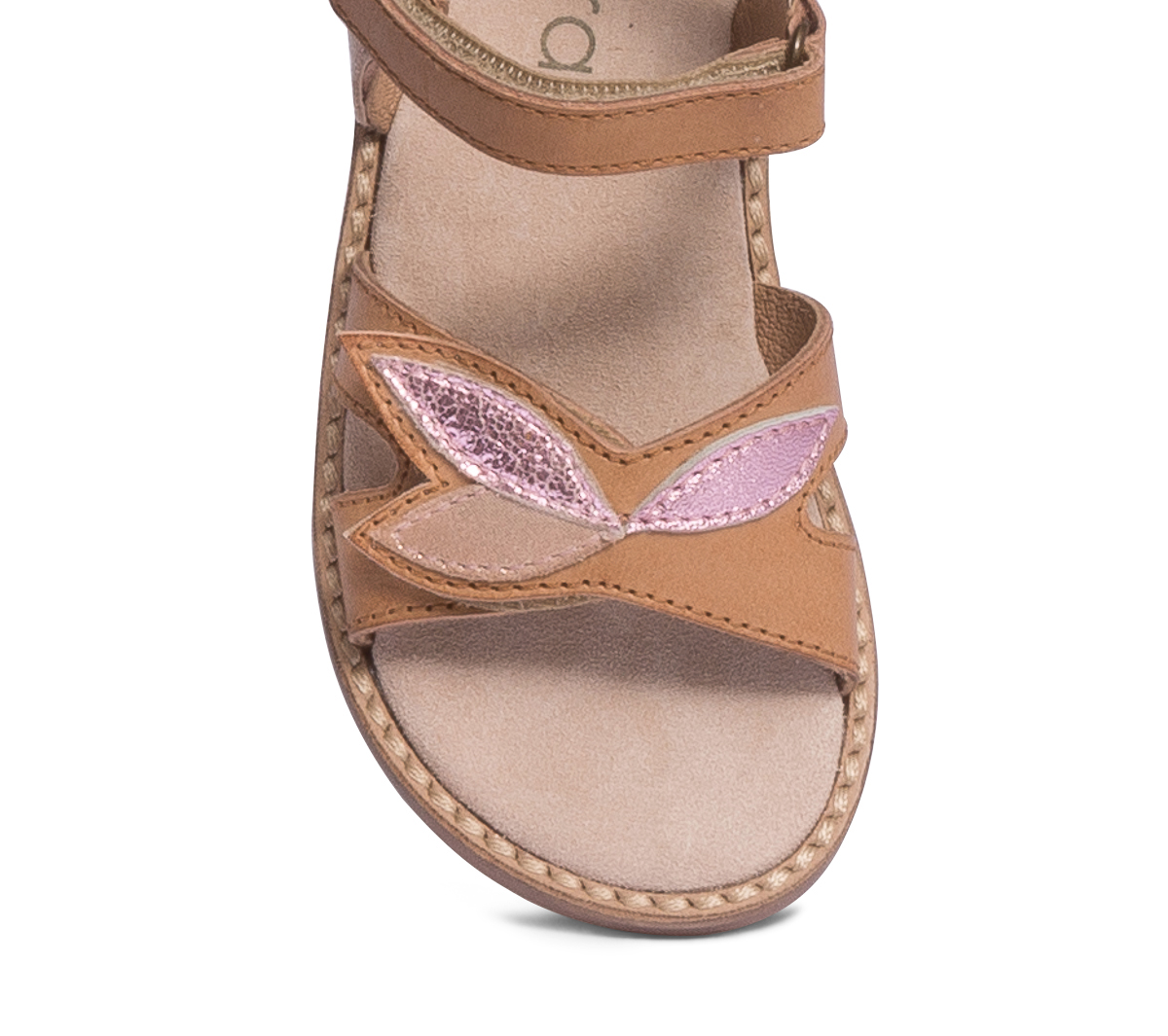 Sandale beige en cuir à scratchs et feuilles roses
