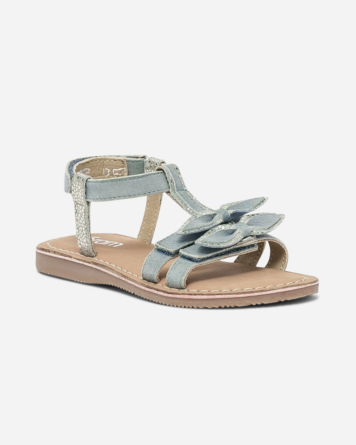 Sandale bleu et argent en cuir velours avec nœuds