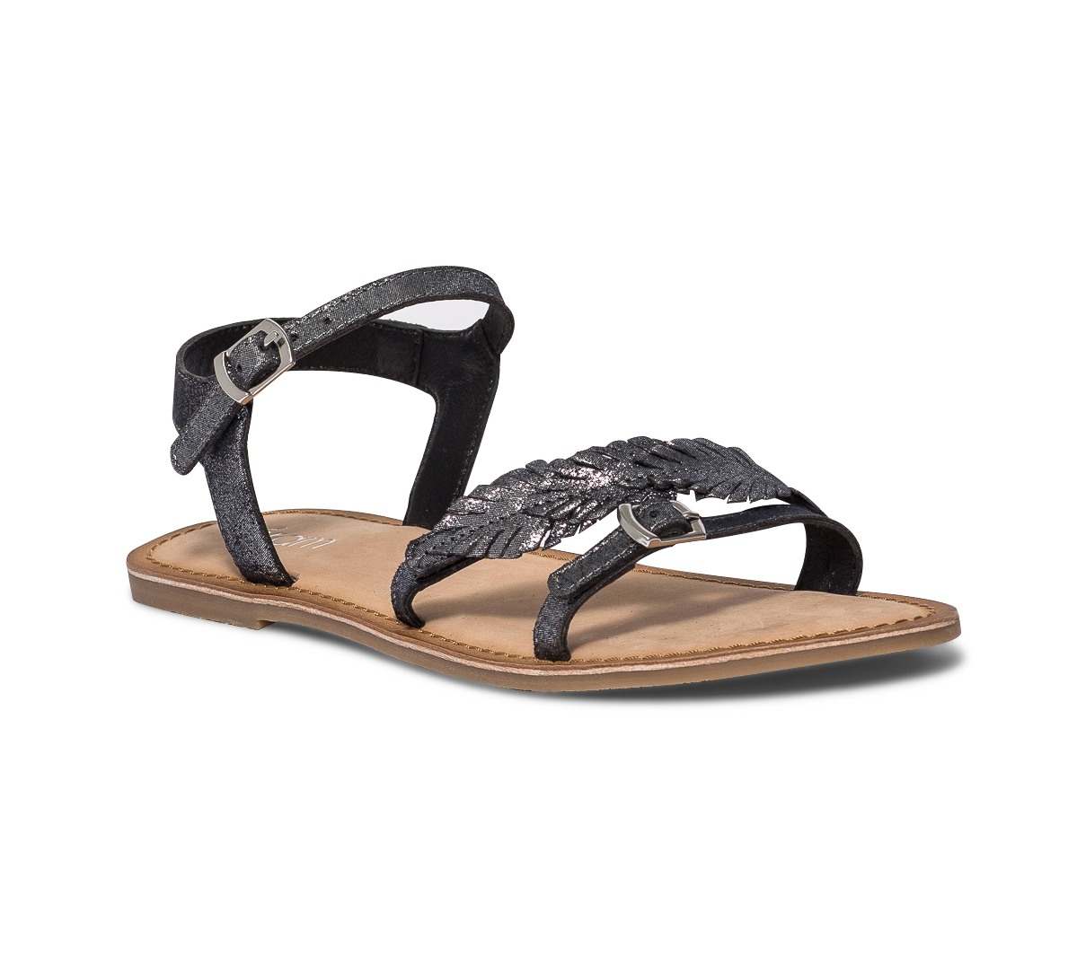 Sandale noire en cuir métallisé à feuilles