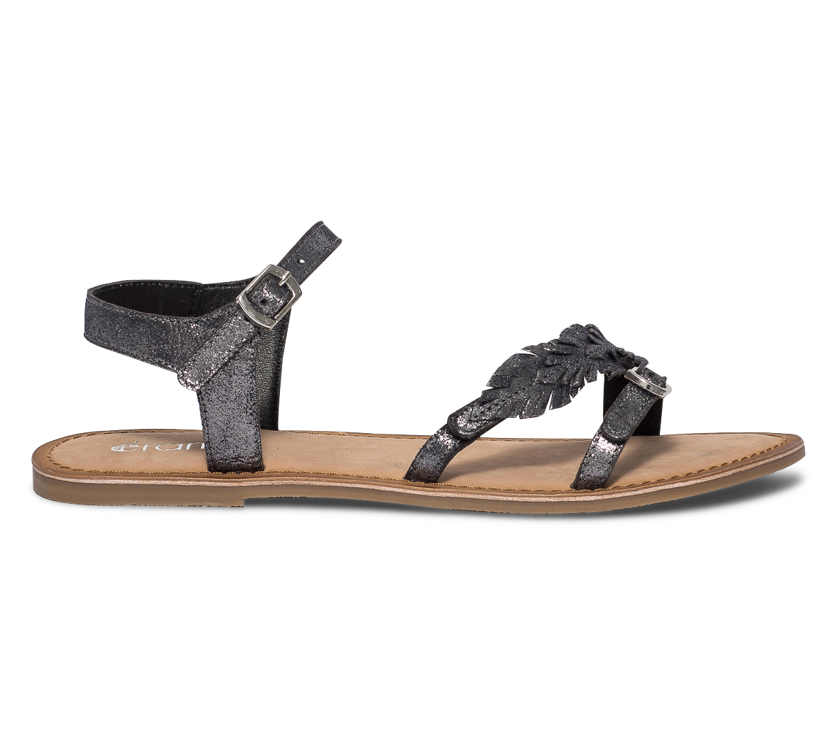 Sandale noire en cuir métallisé à feuilles