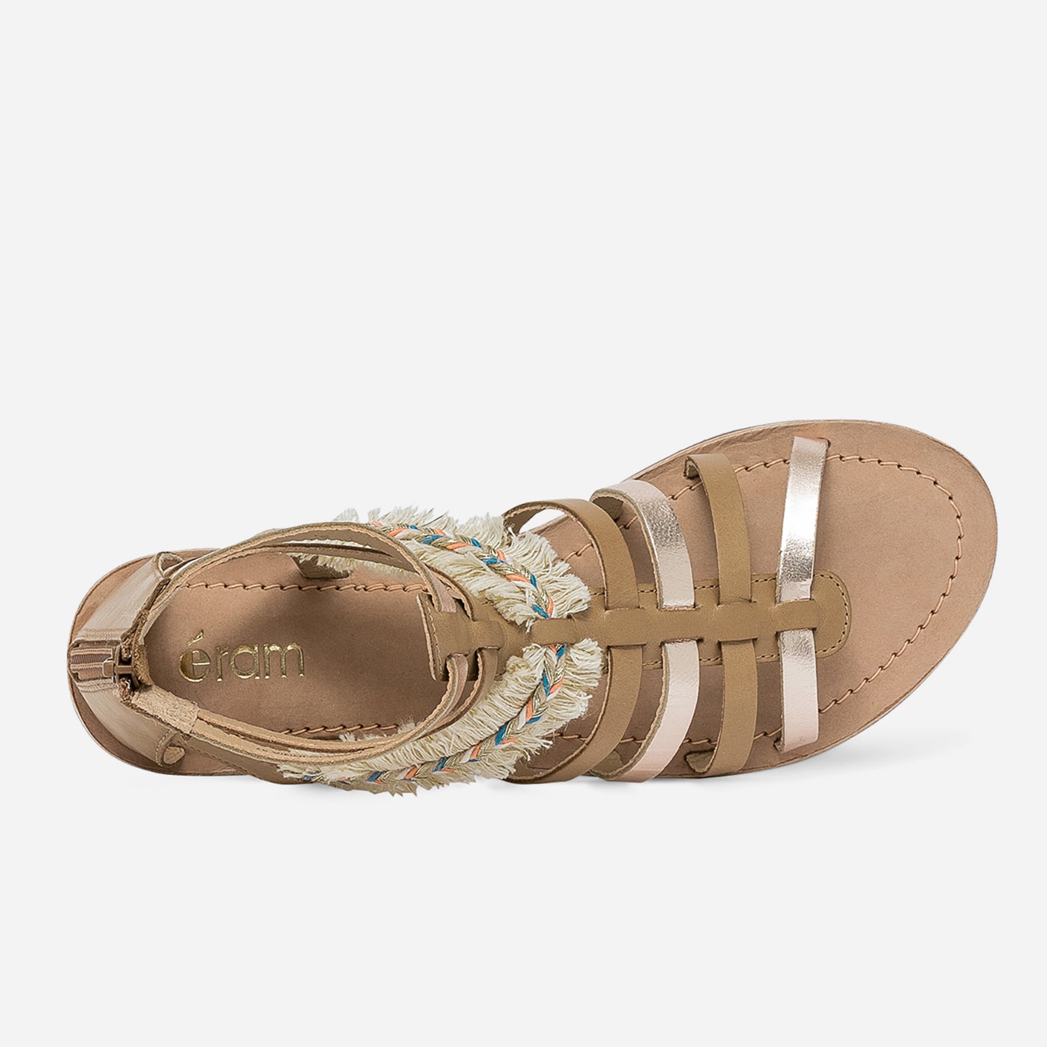 Sandale spartiate camel et doré en cuir avec galon frangé